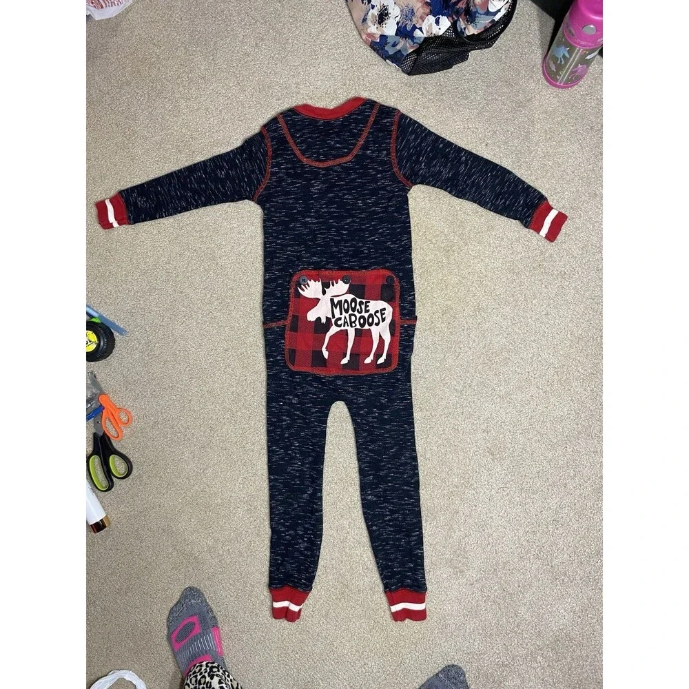 Lazy One Moose Caboose Faux Flap Pajamas 3T Blue Red Plaid Union Suit One Piece